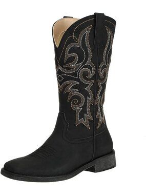 Women's Western Cowgirl Boots Square Toe Mid Calf Black Embroidered Pull On